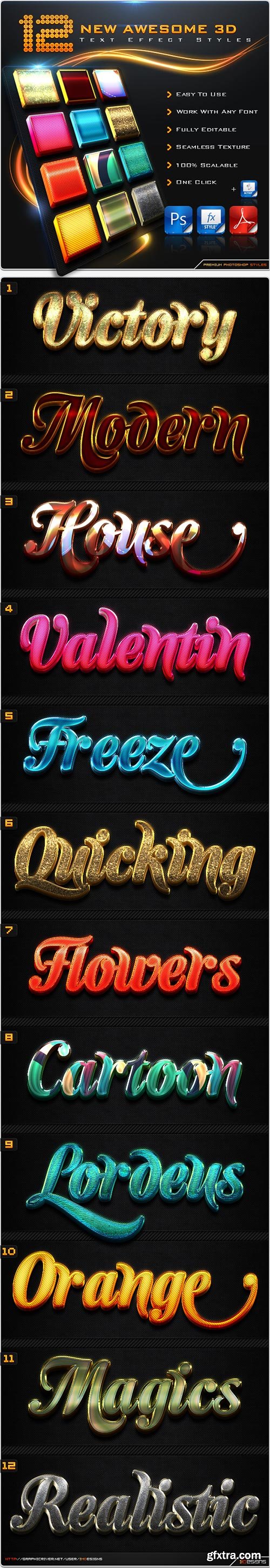 GraphicRiver - 12 New Awesome 3D Text Effect Styles + Actions