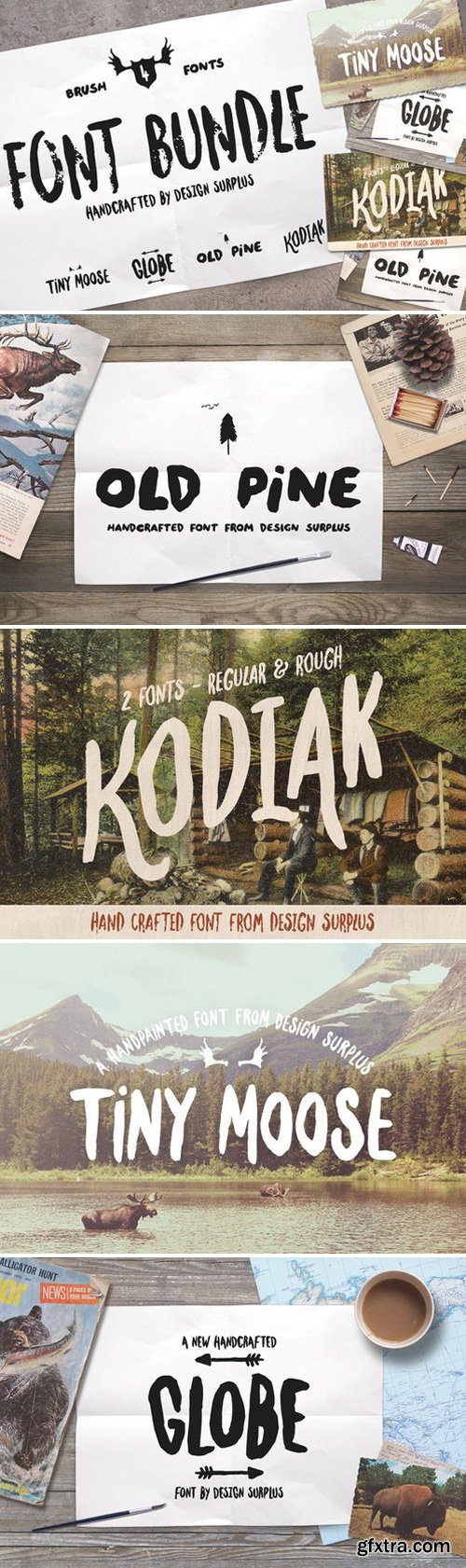 CM - Font Bundle Tiny Moose Old Pine & Old Pine Extras Globe Kodiak Regular & Kodiak Rough 279235