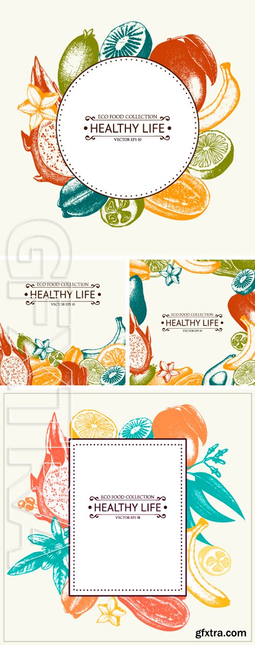 Stock Vectors - Vector card with ink hand drawn exotic fruits and plants sketch. Vintage frame with tropical fruits illustration