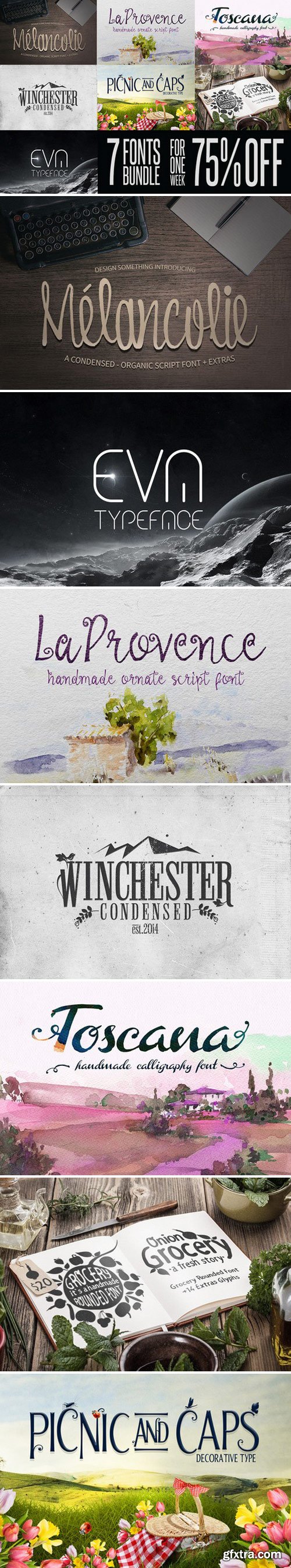 CM - Fonts Bundle Melancolie, Eva, La Provence, Winchester, Toscana, Grocery, Picnic 284874