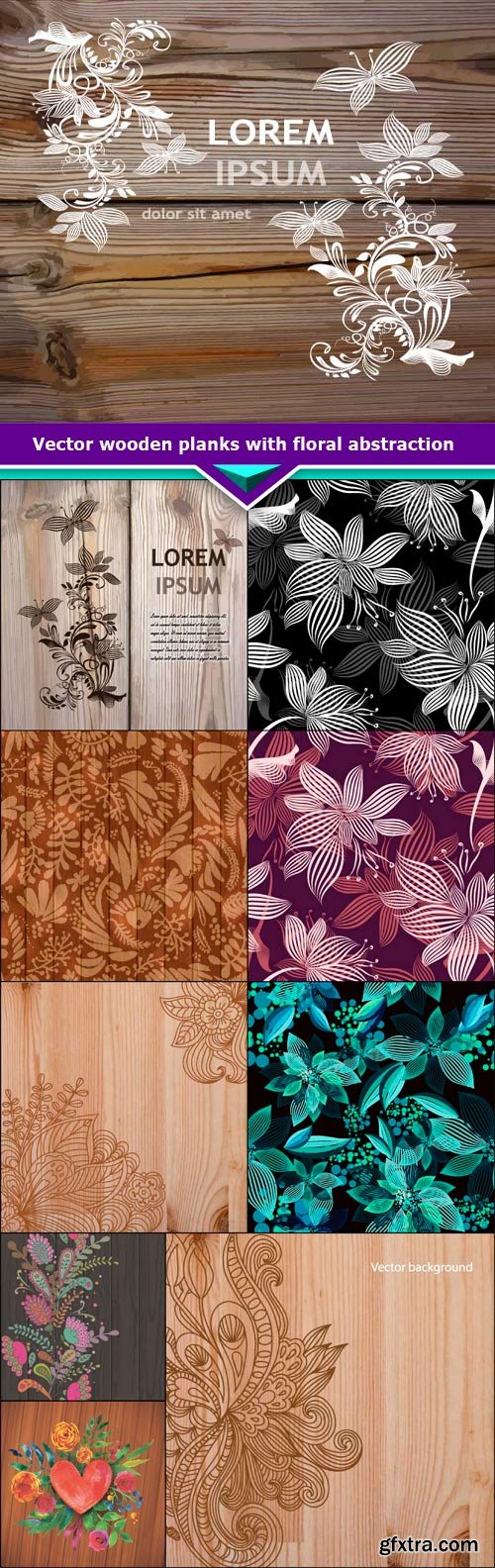 Vector wooden planks with floral abstraction 10x EPS
