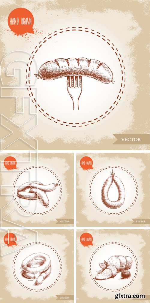 Stock Vectors - Hand drawn sketch type sausage. Smoked homemade meat product. Organic food vintage illustration