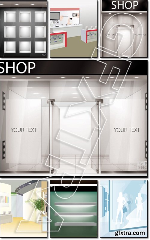 Shop with glass windows and doors, front view - Vector