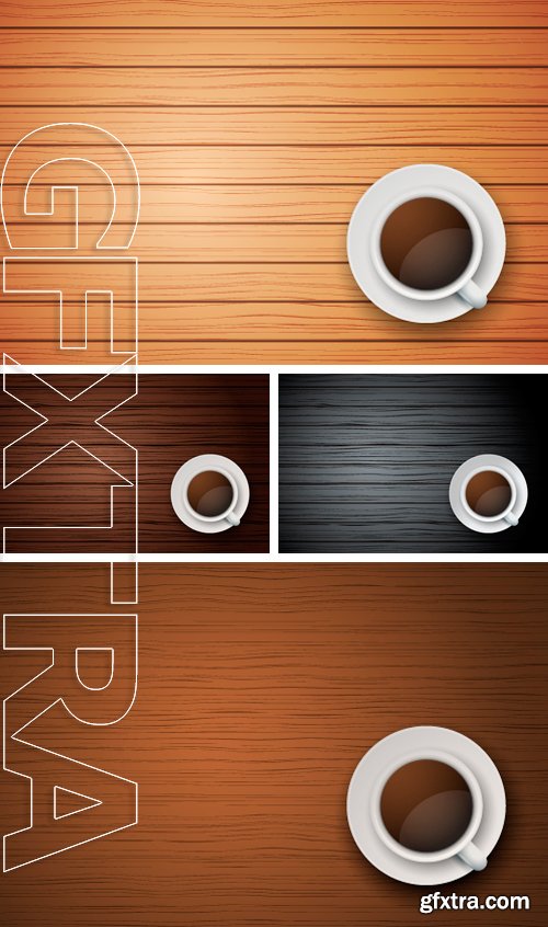 Stock Vectors - Top view of cup of coffee or tea on the table dark wood with space for text