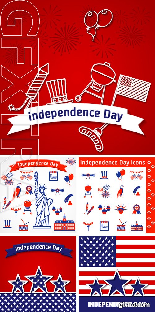 Stock Vectors - Vector Illustration of , Website, Background, Banner. American Holiday Infographic Element Template. Flag and other symbols in Blue and Red