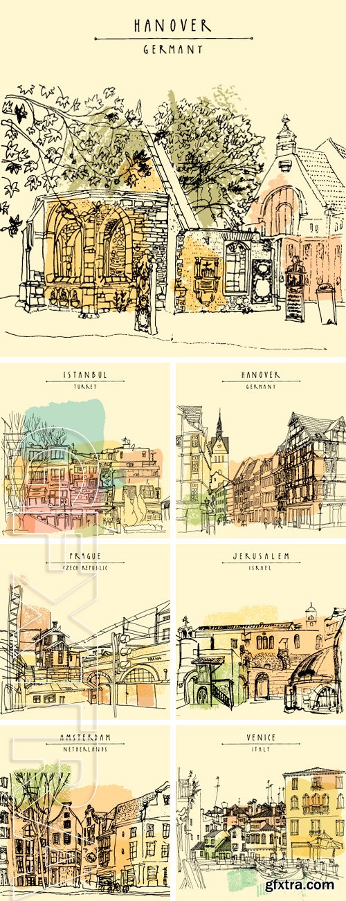 Stock Vectors - Vector illustration of old houses. Historical building line art. Freehand drawing with liner pen on paper. Sketchy grungy postcard template