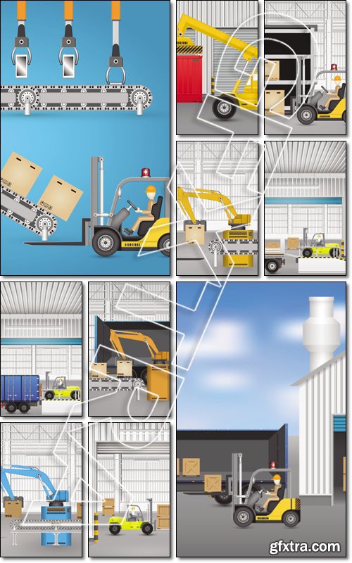 Forklift working with wood crate inside factory - Vector