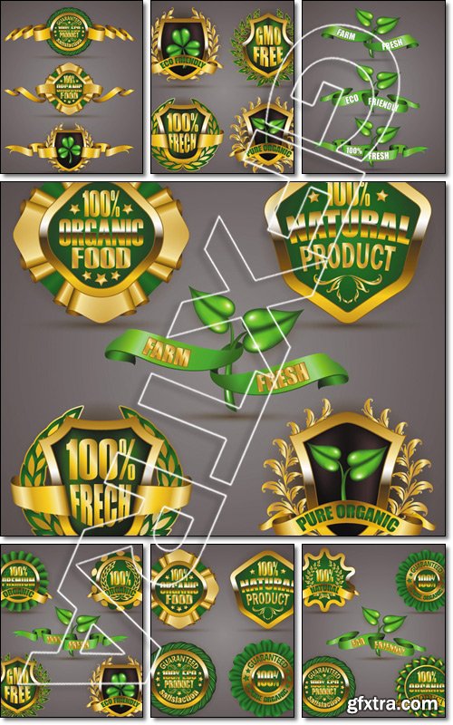 Set of luxury badges, shields, ribbon, premium organic, eco friendly, gmo free. Emblem, icon, logo, label, medal, sticker for web, page design - Vector