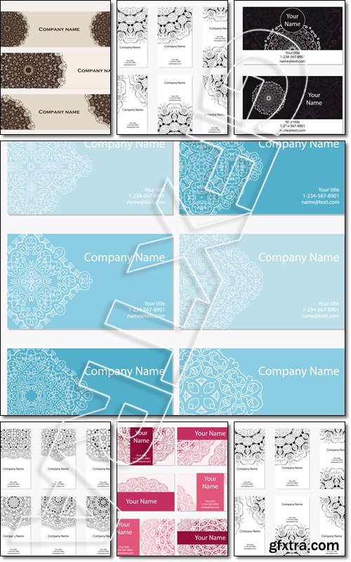 Set of six business cards. Vintage pattern in retro style with ornament - Vector