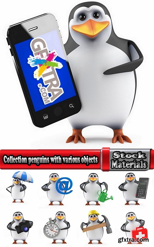Collection penguins with various objects in flippers smartphone umbrella watches 25 HQ Jpeg