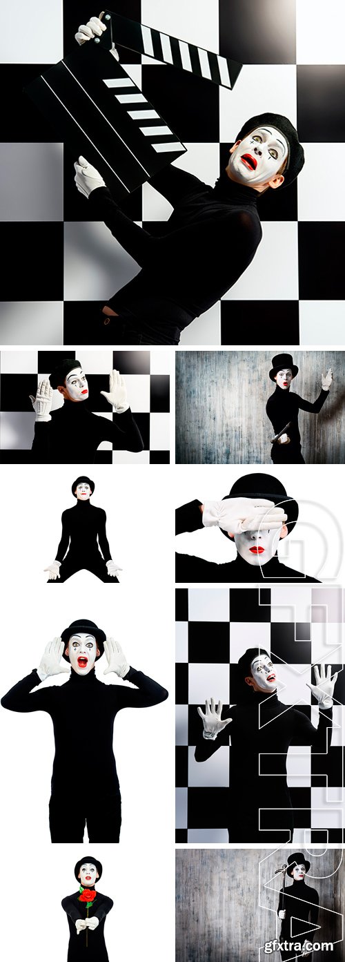 Stock Photos - Portrait of a male mime artist. Professional mime artist performing different emotions