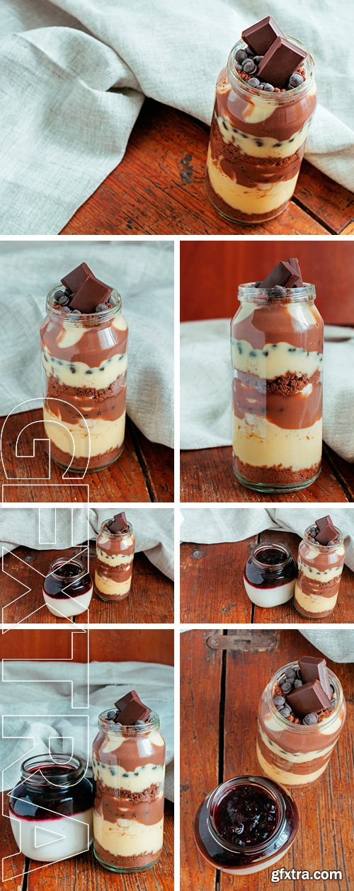 Stock Photos - Vanilla and chocolate pudding with chocolate chip cookies, banana and chocolate