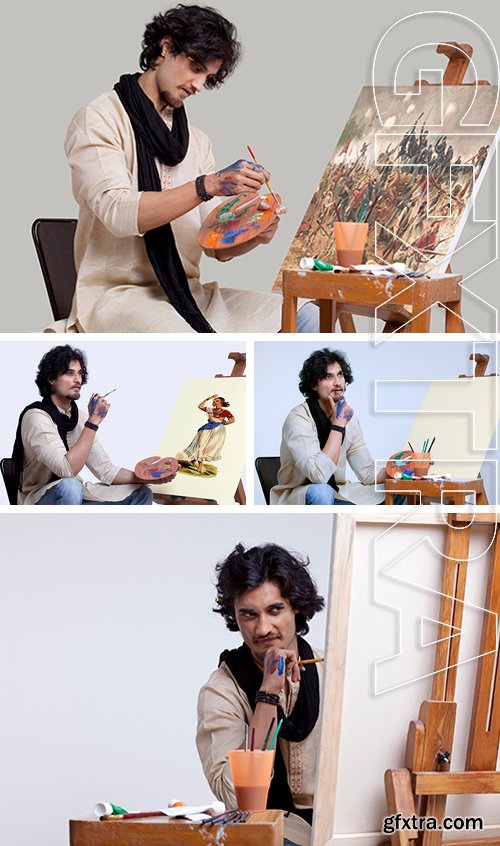 Stock Photos - Young male artist mixing colors while painting