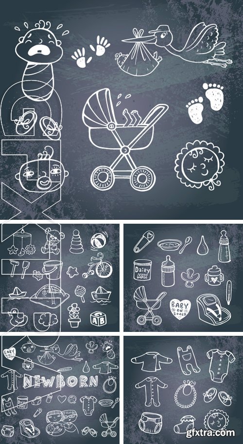 Stock Vectors - Set of hand-drawn doodle icons baby toys and accessories on a blackboard