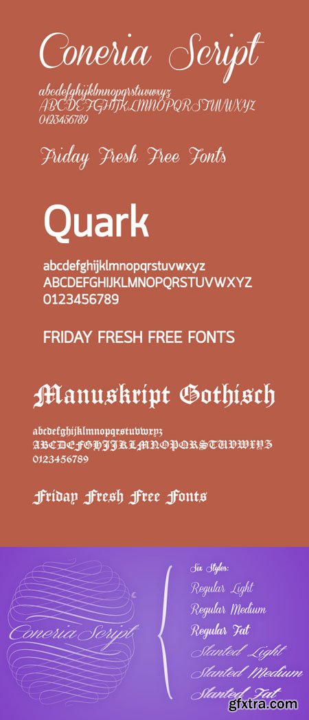 Quark Bold, Retro Gothic and Coneria Script Slanted Fonts