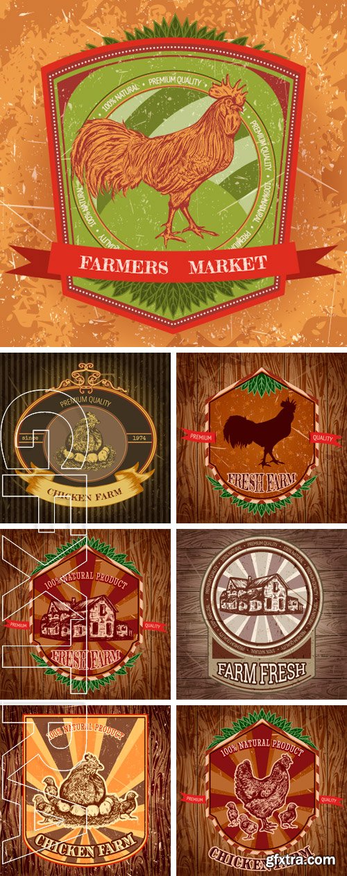 Stock Vectors - Organic chicken farm vintage label with hen with chicks on the grunge background. Retro hand drawn vector illustration poster in sketch style
