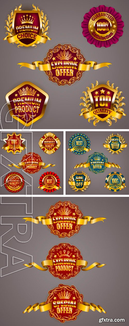 Stock Vectors - Set of luxury gold badges with crown, ribbon. Promotion emblems, icons, labels, medal, blazons for web, page design. Illustration