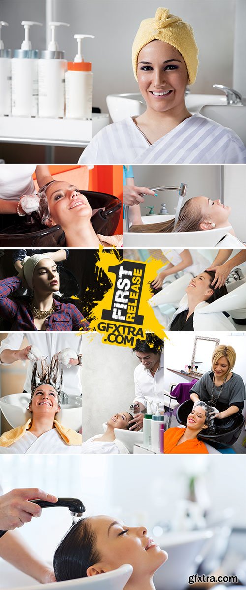 Stock Photos Happy young woman with hairdresser washing head at hair salon