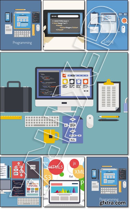 Flat design modern illustration concept of process web page, programming on laptop with workflow objects and icons - Vector
