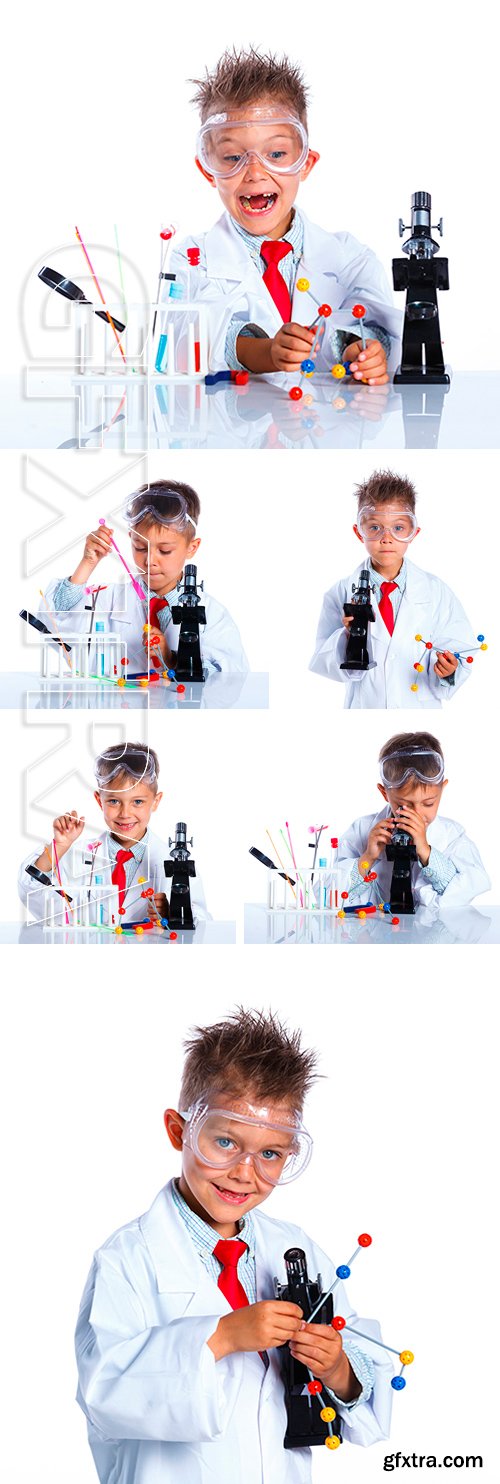 Stock Photos - Happy little boy with flasks for chemistry and microscope. Isolated on a white background