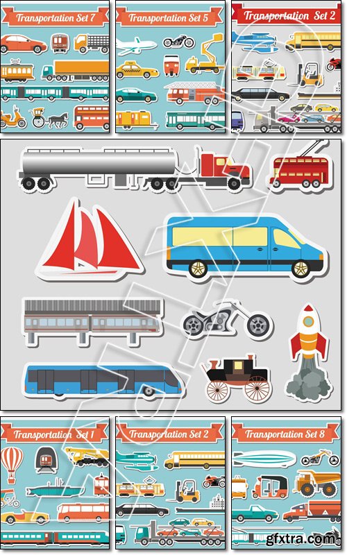 Set of all types of transport. Water, road, urban, air, cargo, public and ground transportation set - Vector