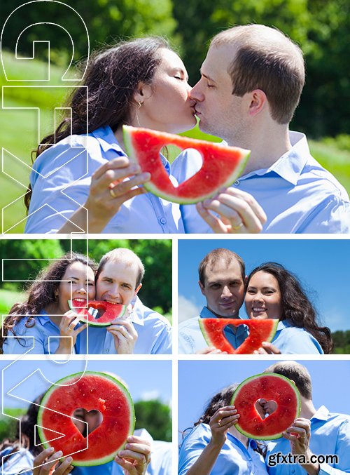 Stock Photos - American attractive couple with watermelon at summer