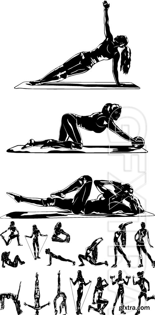 Stock Vectors - Young woman silhouette three sports poses on white background