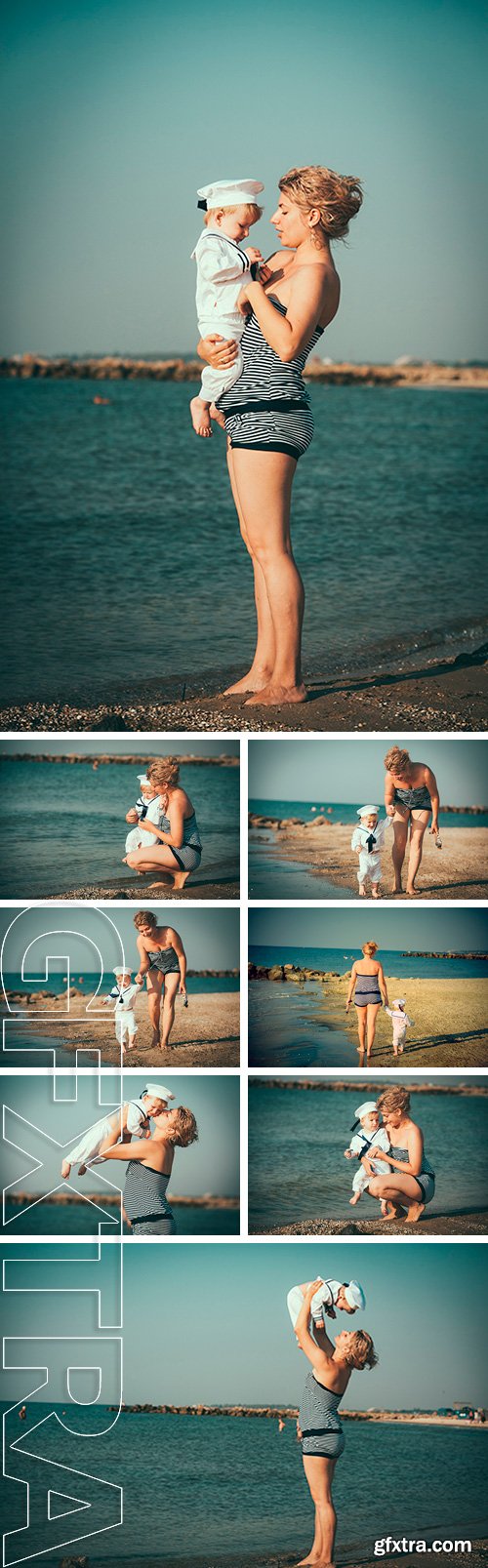 Stock Photos - Mother and son playing on the beach at the sunset time. Concept of friendly family
