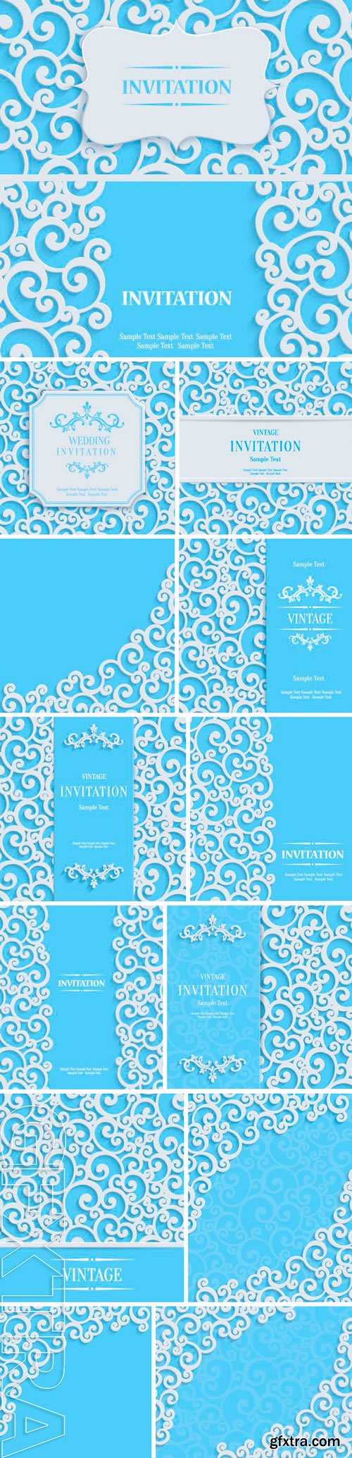 Swirl Background with Floral Damask, Pattern. Vector Blue Vintage Template 13zEPS