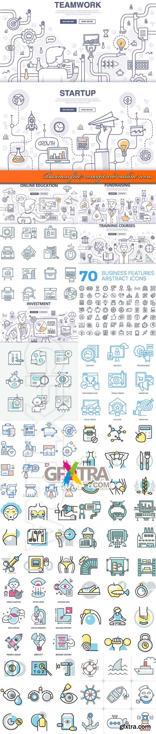 Business flat concept and outline icons vector