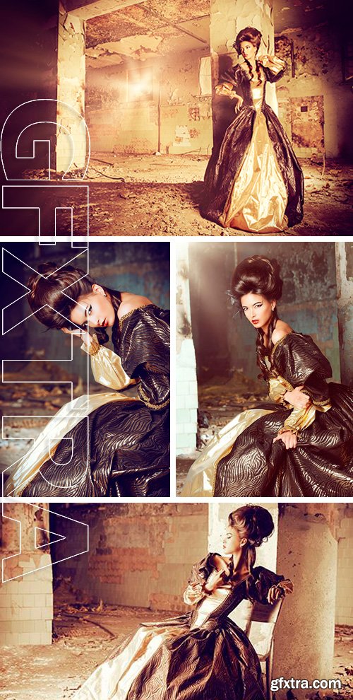 Stock Photos - Beautiful young woman in elegant historical dress and with barocco updo hairstyle posing in the ruins of the castle