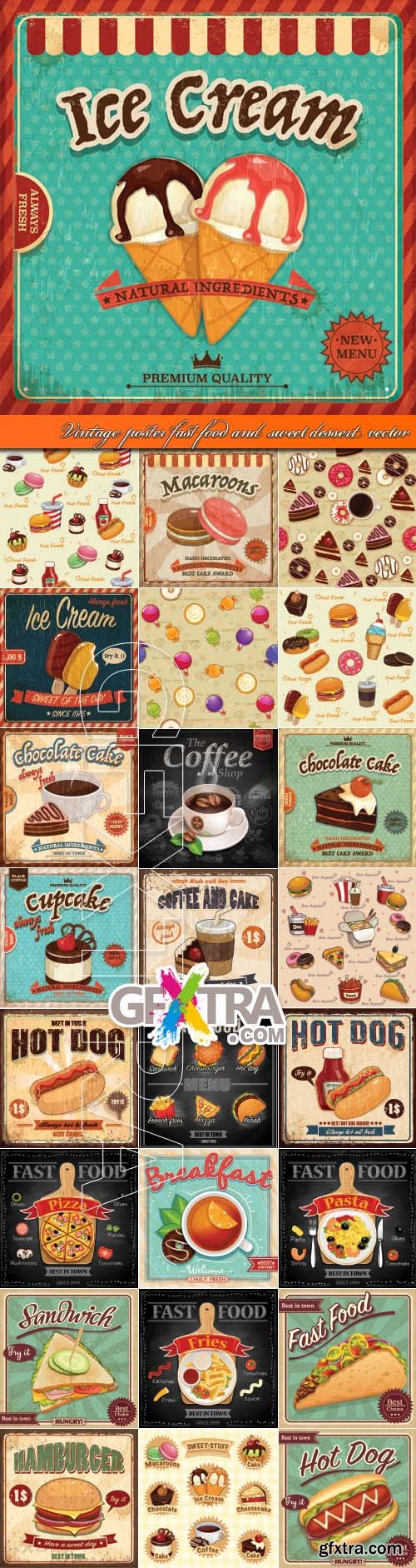 Vintage poster fast food and sweet dessert vector