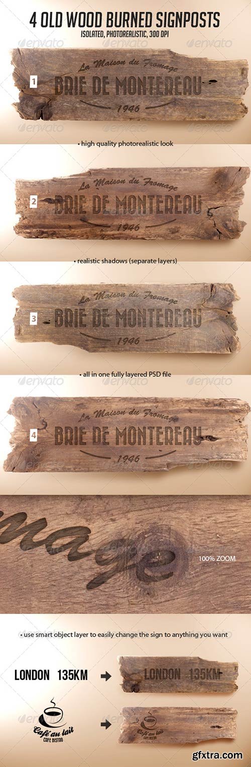 GraphicRiver - 4 Old Wood Burned Signposts Boards Isolated Mockup