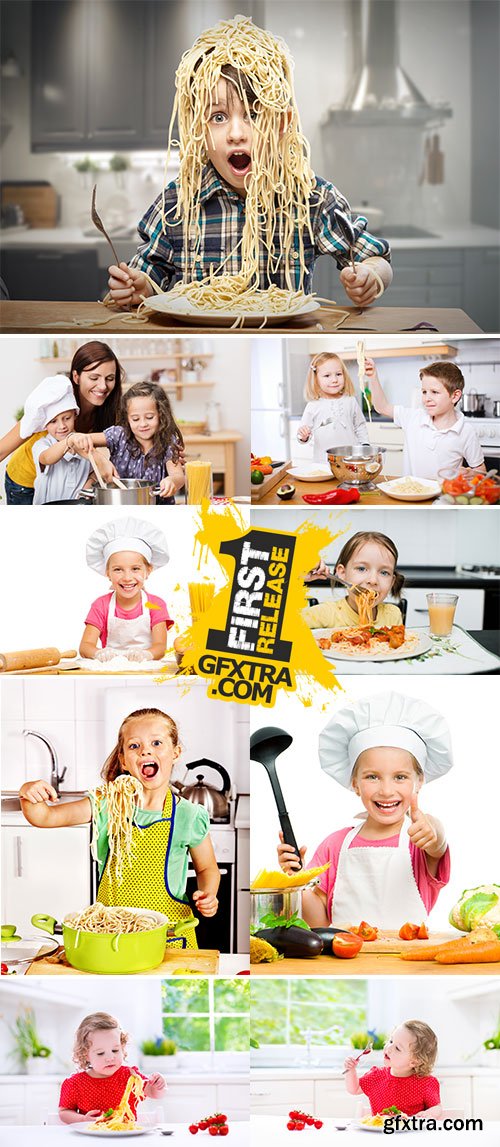 Stock Photos Children eating spaghetti at kitchen