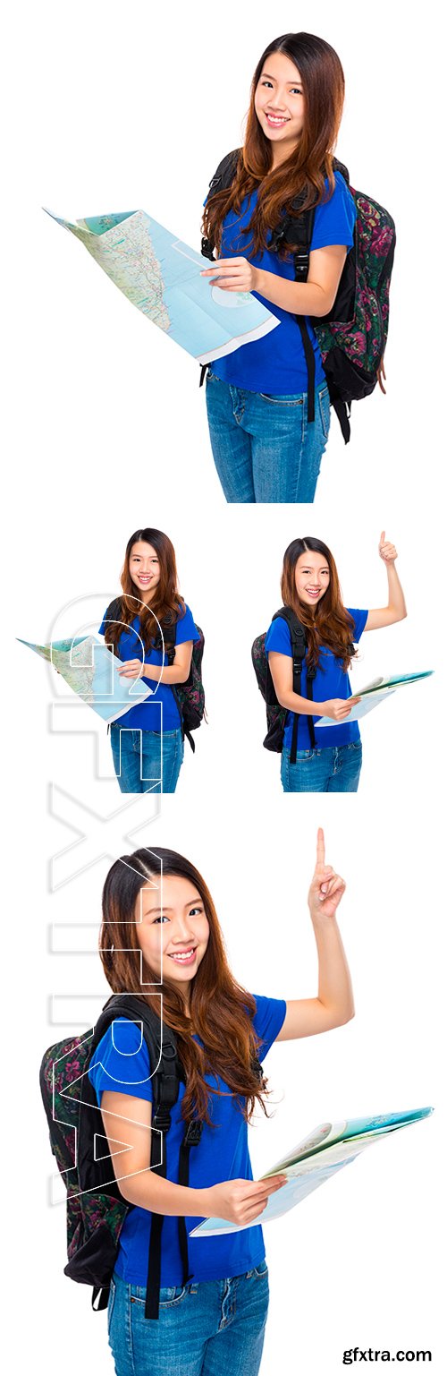 Stock Photos - Asian Woman backpacker with holding and map