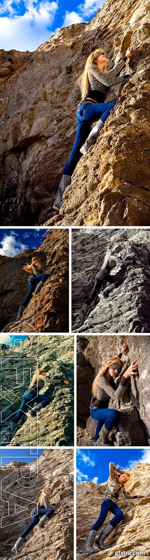 Stock Photos - Attractive slim woman in blue jeans blindfolded. Is climbing a big cliff. Leopard print clothes