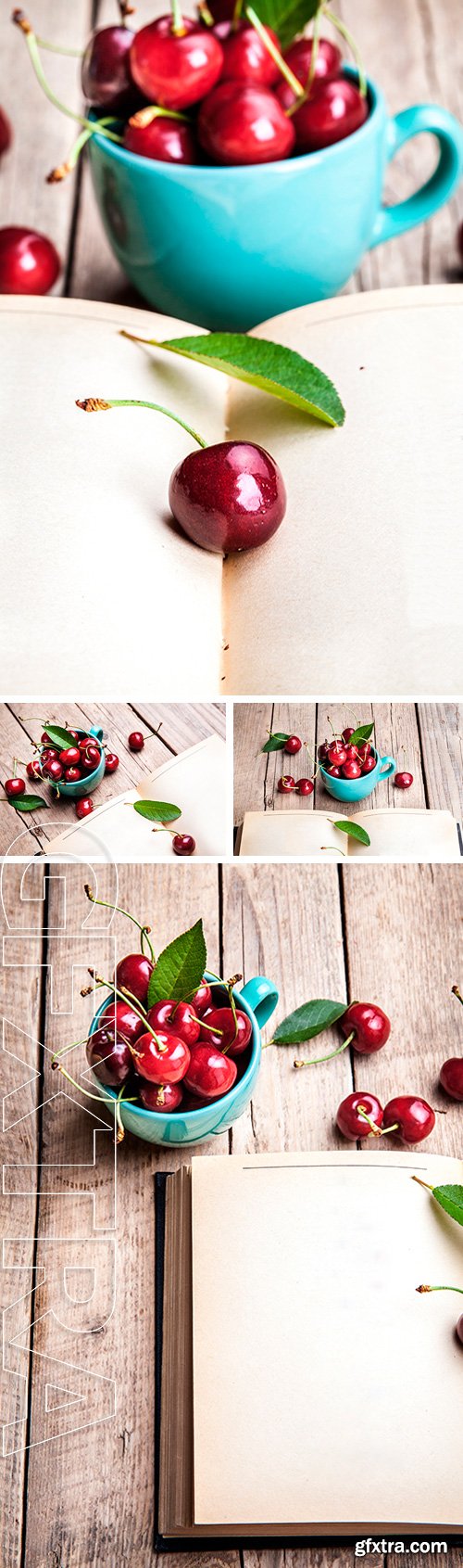 Stock Photos - Cherry in the beautiful turquoise cup and old book on a wooden table. Fruit, education