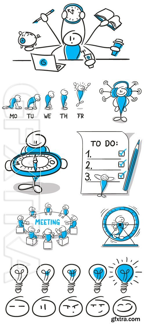 Stock Vectors - Much to do, weekday, vicious circle, meeting, compass, idea, headphone.