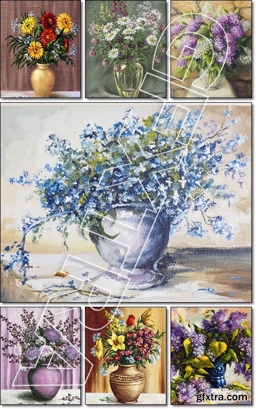 Oil Painting on Canvas of a Beautiful Still Life with Flowers in a Nice Vase II, 7xJPG