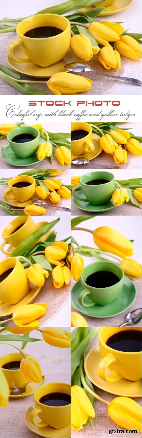 Colorful cup with black coffee and yellow tulips