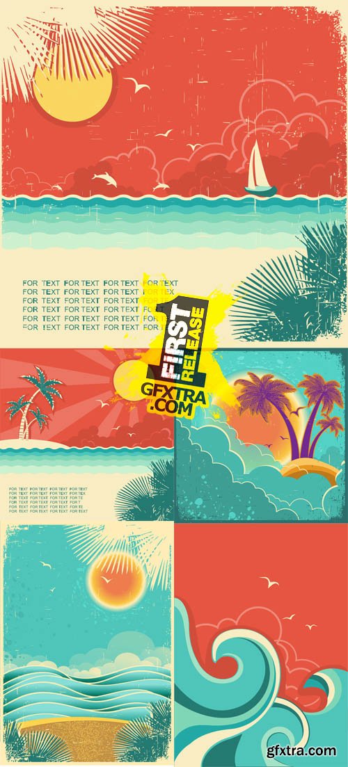 Vector Vintage Tropical Island Backgrounds with Palms and Sun