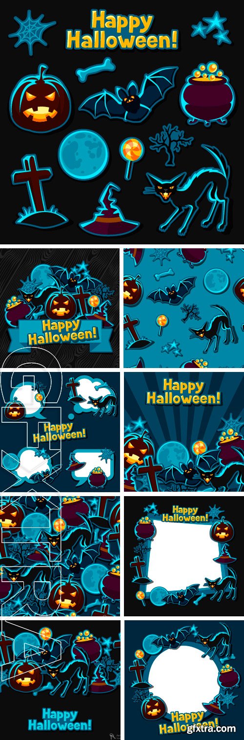 Stock Vectors - Happy Halloween greeting card with stickers characters and objects