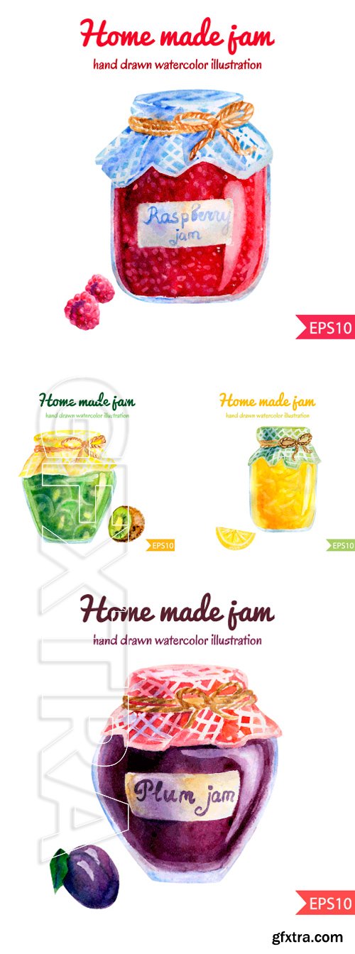 Stock Vectors - Vector watercolor illustration of a jar of home made jam with checked fabric and decorative rope