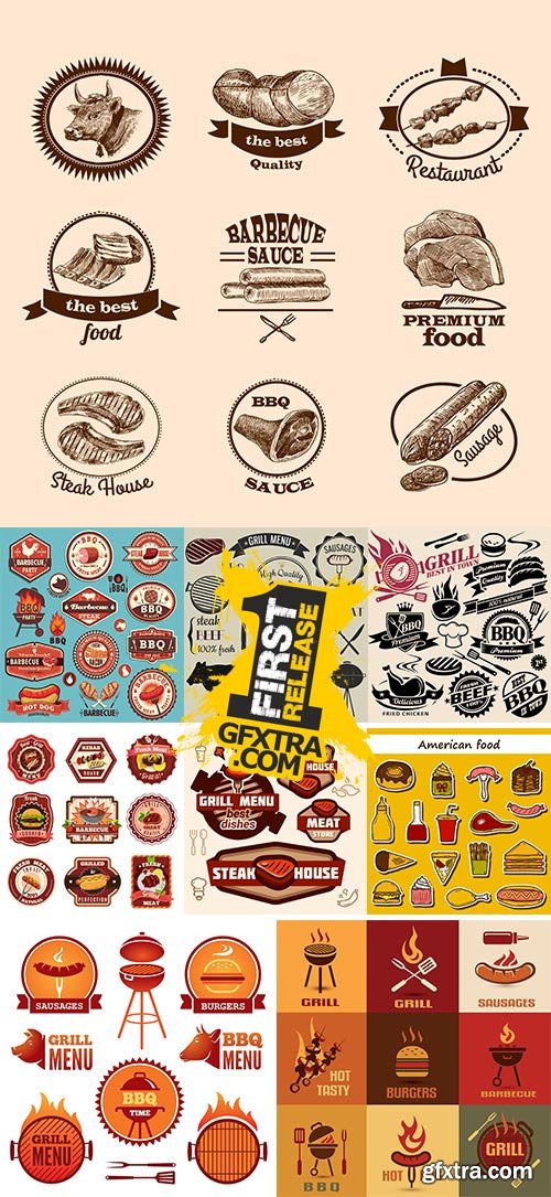 Stock sausages stickers set vectors