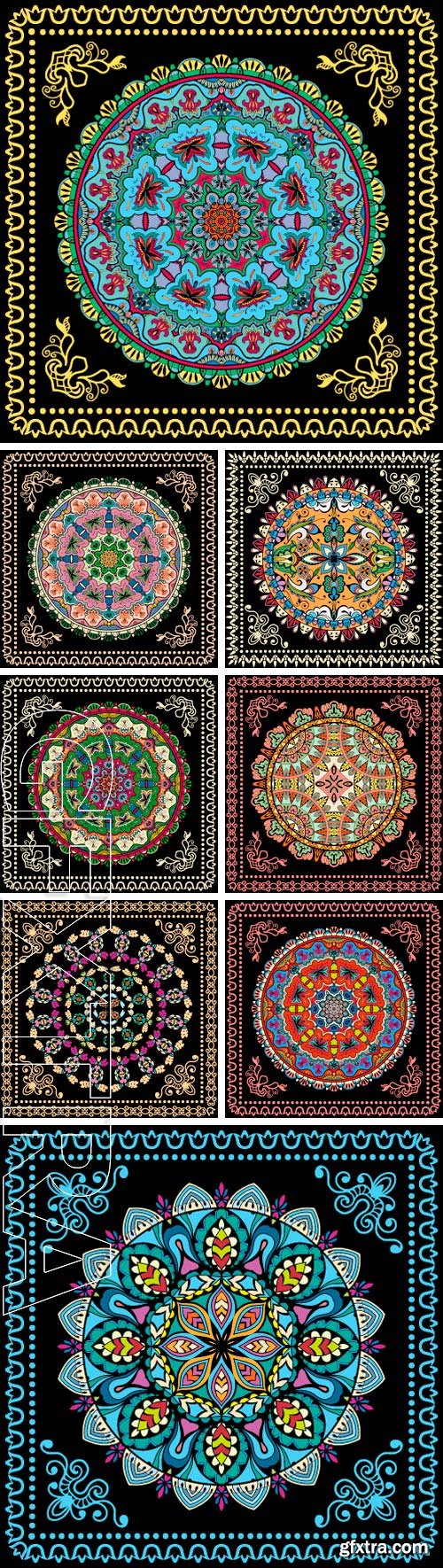 Stock Vectors - Bandana Print with Mandala ornament, silk neck scarf or kerchief square pattern design style for print on fabric, abstract geometric background
