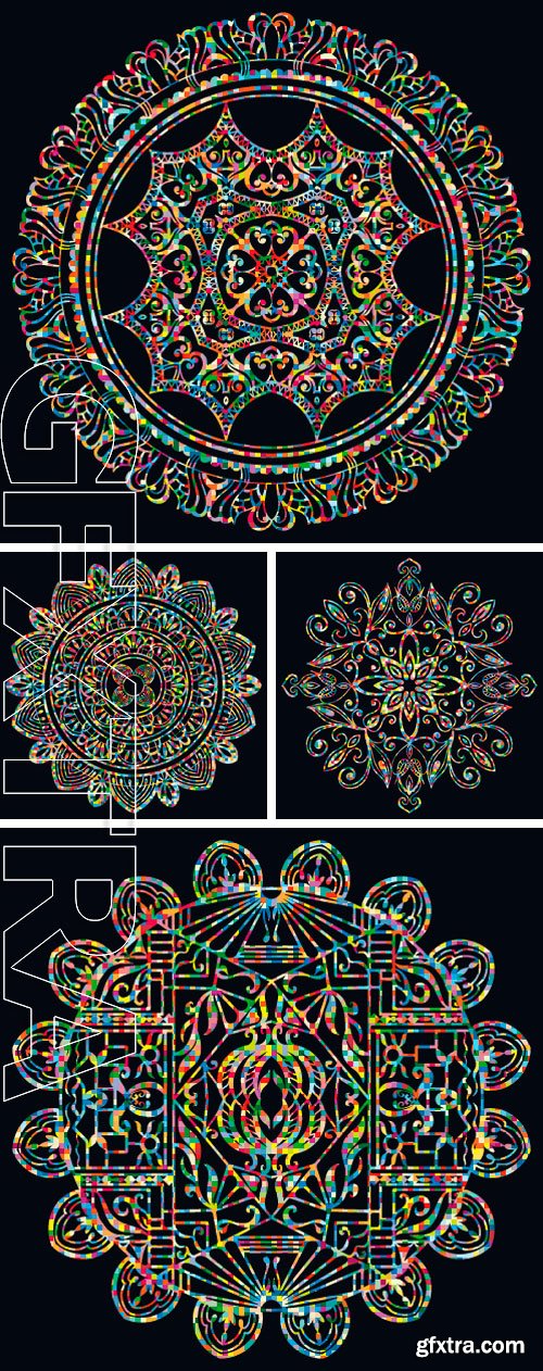 Stock Vectors - Mandala, colorful decorative round tribal ethnic ornament on black background, vector islamic arabic indian pattern