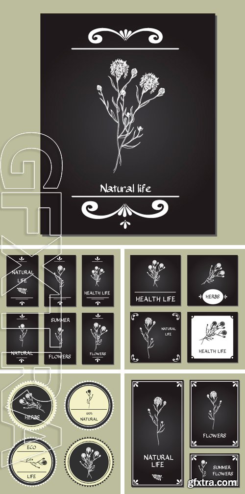 Stock Vectors - Hand-sketched templates with wildflowers, grasses, leaves. Eco, wood, nature, health, natural, seasons