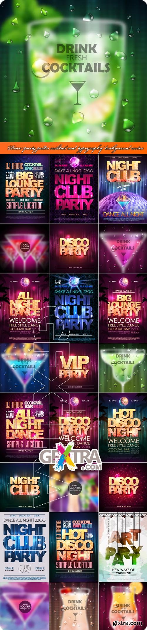 Disco party poster cocktail and typography background vector