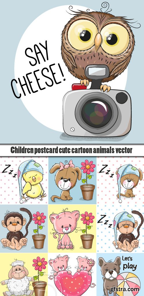 Children postcard cute cartoon animals vector