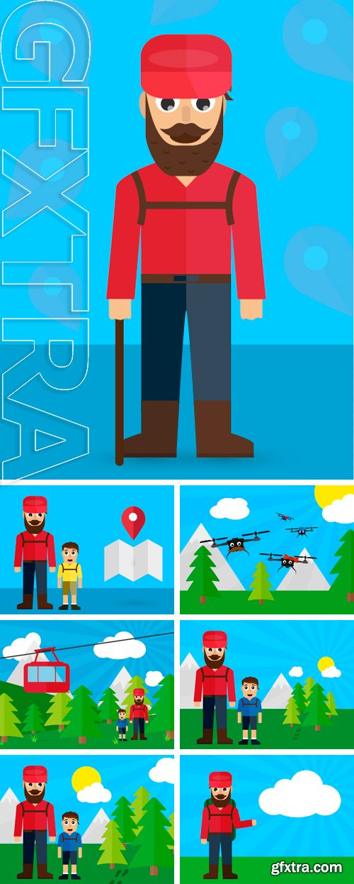 Stock Vectors - Cableway with dad and son on the trip vector flat illustration